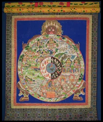 Dharmachakra Kolo života otáčí Yama, Pán smrti, se scénami symbolizujícími dvanáct článků, které způsobují nekontrolované znovuzrození kolem okraje, tibetština, 1780-1850